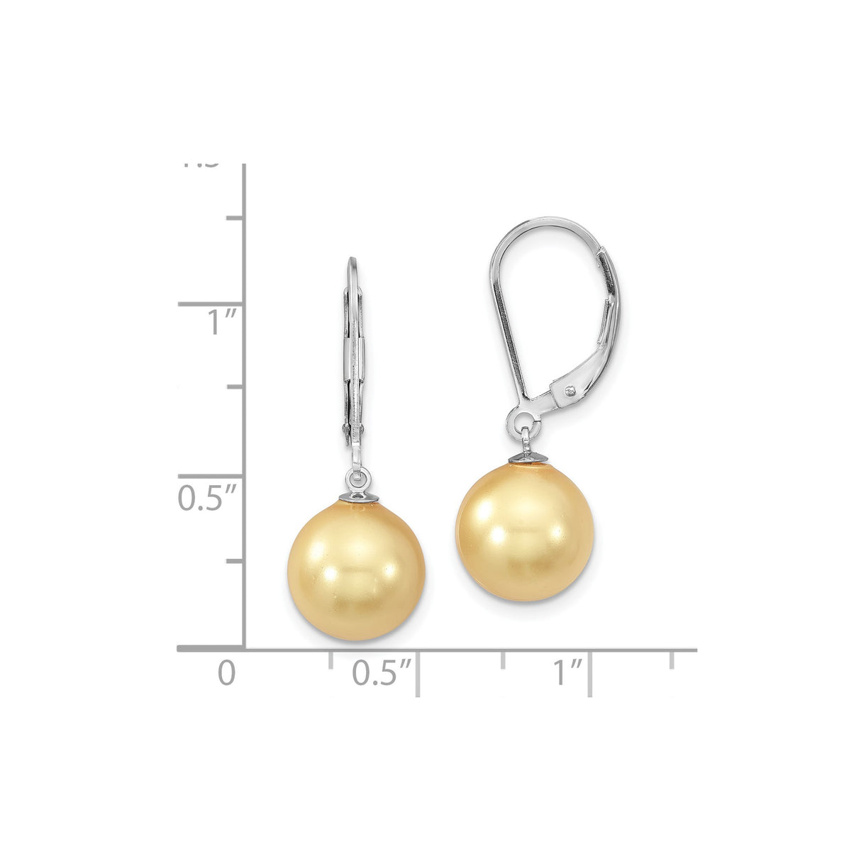 Sterling Silver Dangle Earrings with Round Golden Shell Pearls, Leverback Closure