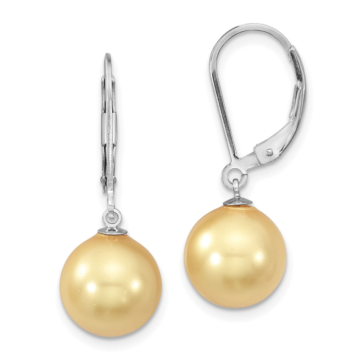 Sterling Silver Dangle Earrings with Round Golden Shell Pearls, Leverback Closure