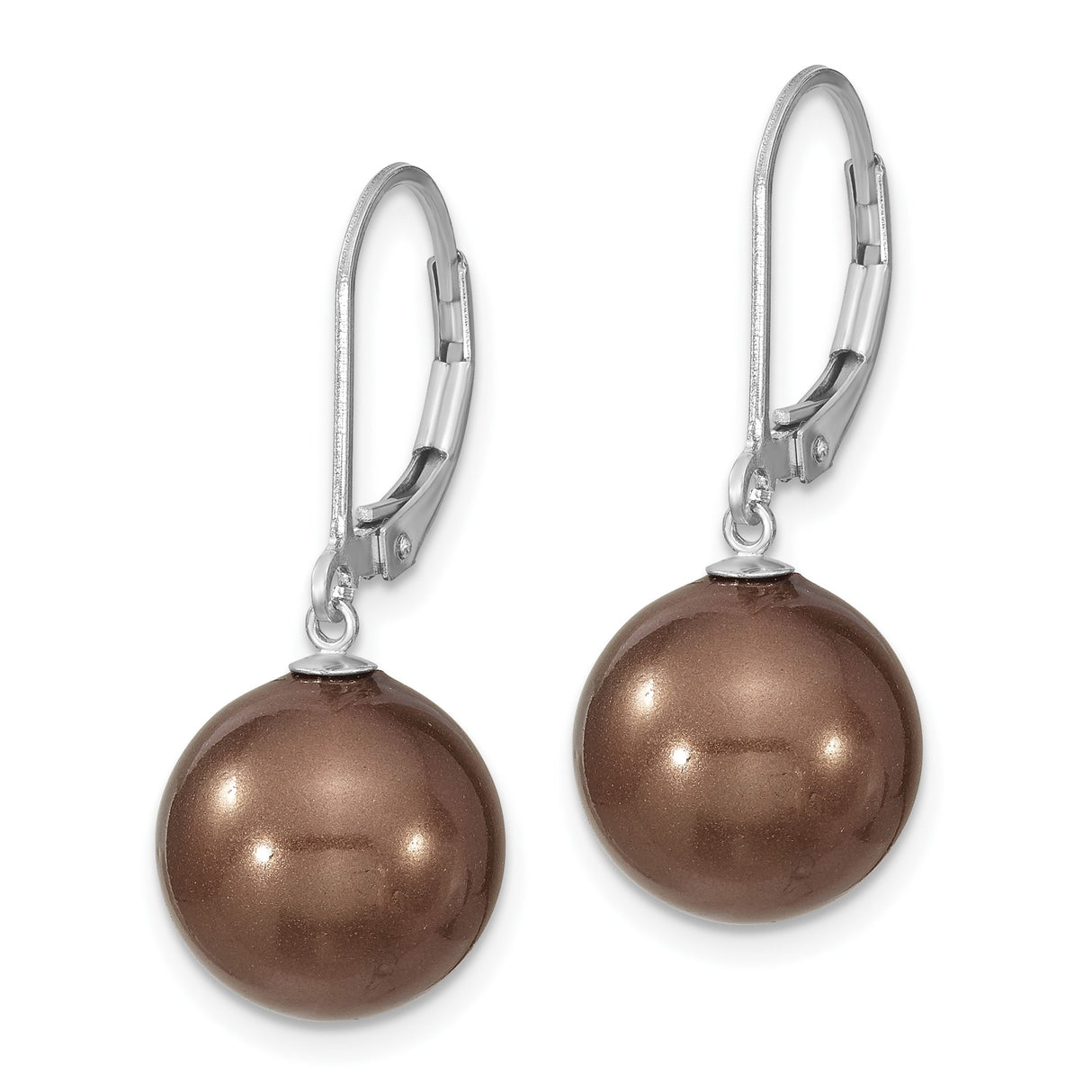 Sterling Silver Leverback Drop Earrings with Round Brown Shell Pearls, Classic Dangle Design