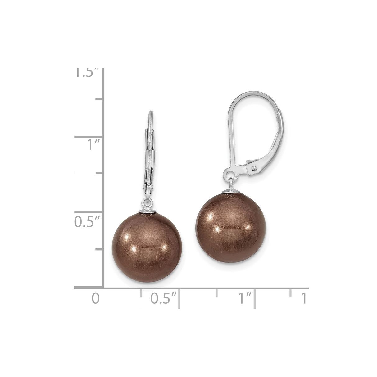 Sterling Silver Leverback Drop Earrings with Round Brown Shell Pearls, Classic Dangle Design