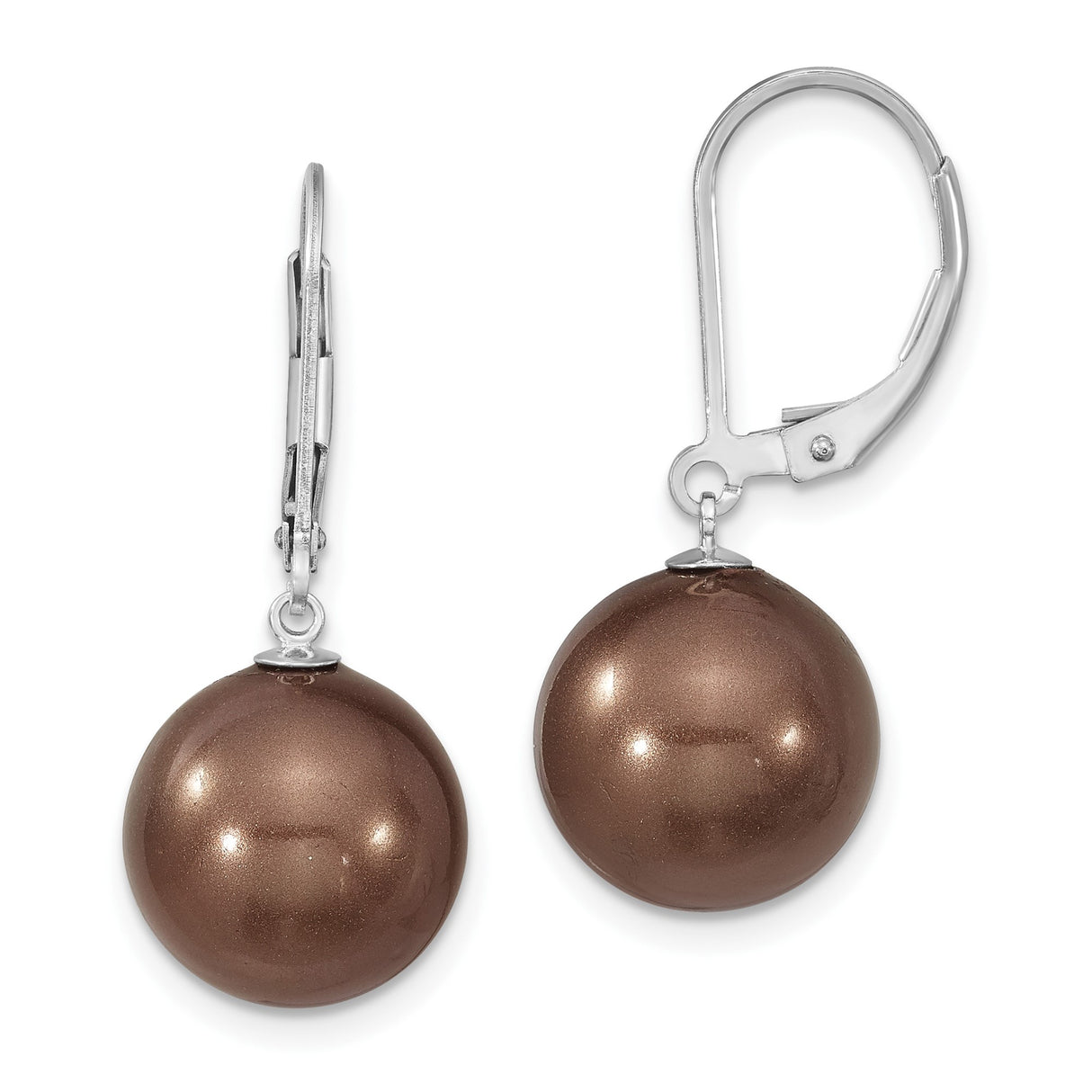 Sterling Silver Leverback Drop Earrings with Round Brown Shell Pearls, Classic Dangle Design