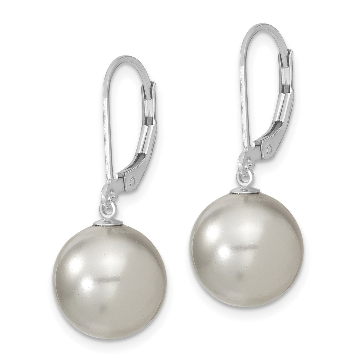 Sterling Silver Drop Earrings with Round White Shell Pearls, Leverback Classic Design