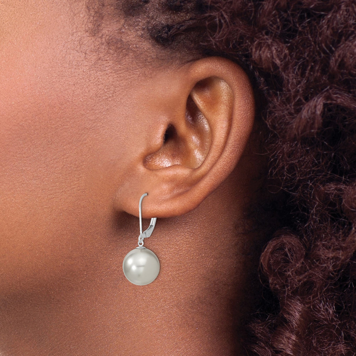Sterling Silver Drop Earrings with Round White Shell Pearls, Leverback Classic Design
