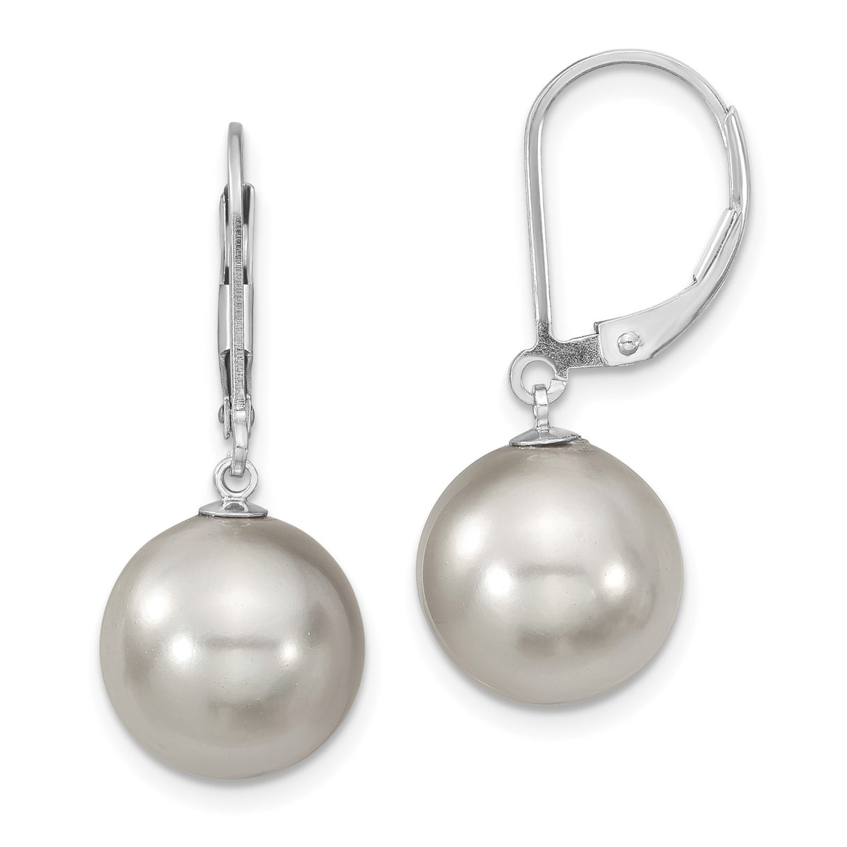 Sterling Silver Drop Earrings with Round White Shell Pearls, Leverback Classic Design