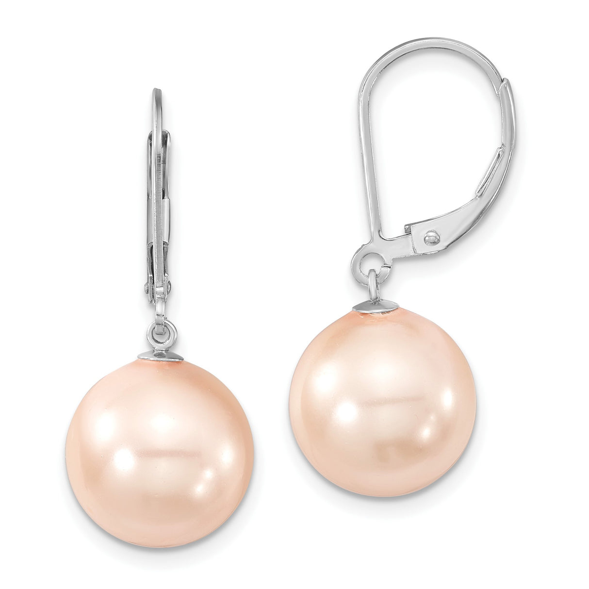 Sterling Silver Leverback Drop Earrings with Soft Pink Shell Pearls, Classic Dangle Design for Women