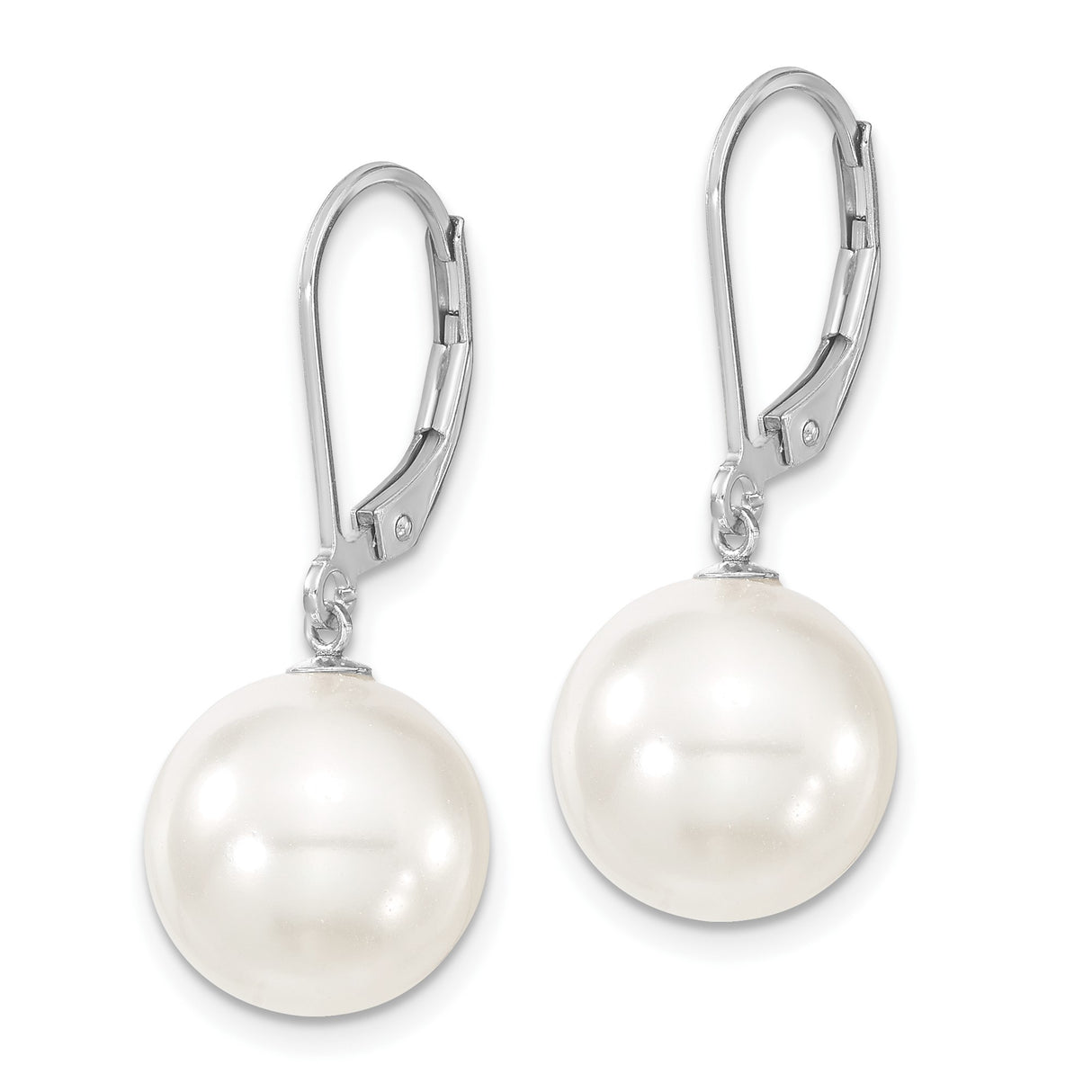 Sterling Silver Drop Earrings with Round White Shell Pearls, Leverback Style