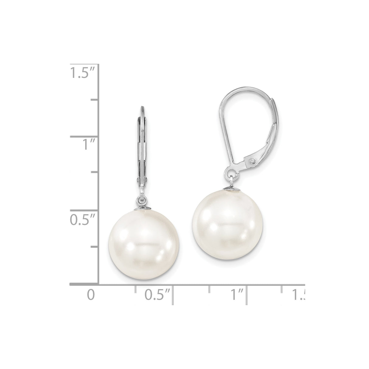 Sterling Silver Drop Earrings with Round White Shell Pearls, Leverback Style