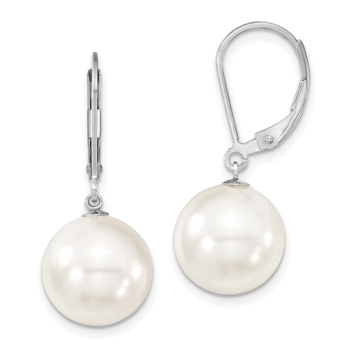 Sterling Silver Drop Earrings with Round White Shell Pearls, Leverback Style