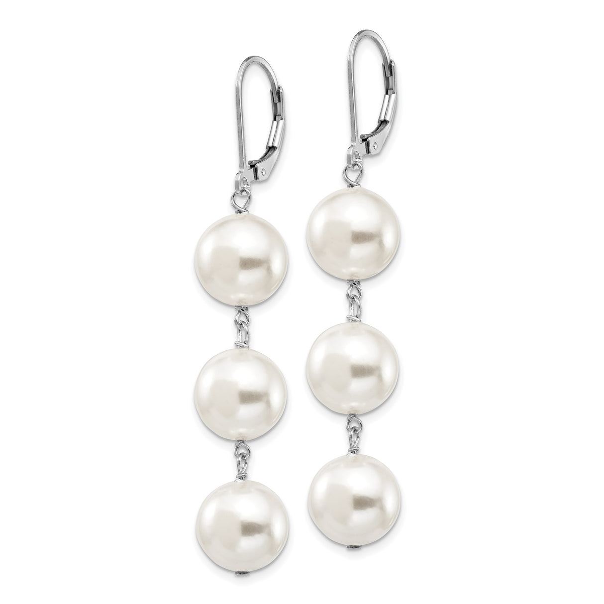 Sterling Silver Drop Earrings with White Faux Pearls, Rhodium Plated Dangle Design