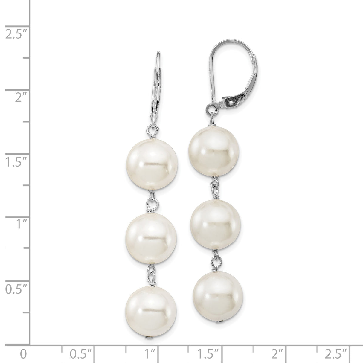 Sterling Silver Drop Earrings with White Faux Pearls, Rhodium Plated Dangle Design