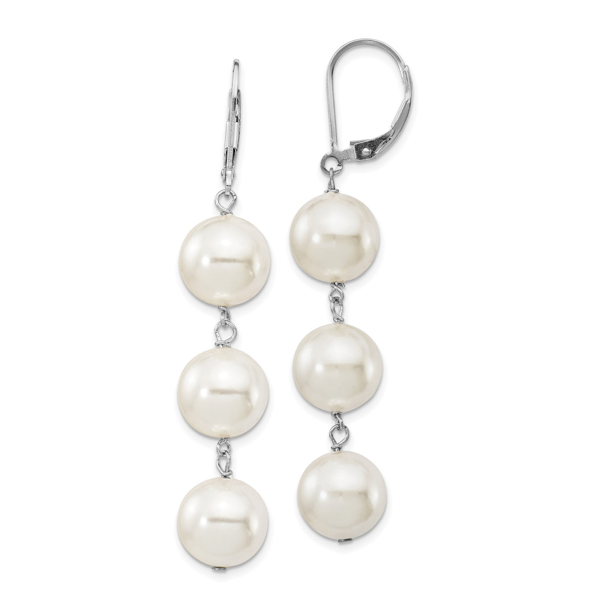Sterling Silver Drop Earrings with White Faux Pearls, Rhodium Plated Dangle Design