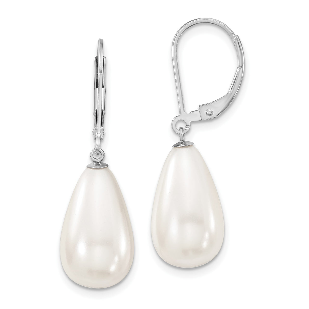 Sterling Silver Drop Earrings with Teardrop Shell Pearls, Classic Leverback Design