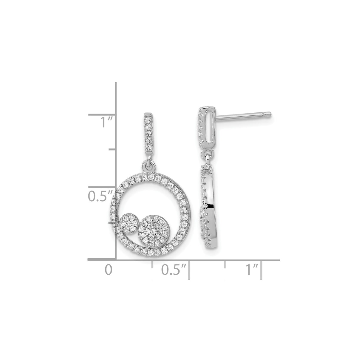 Sterling Silver Dangle Earrings with Cubic Zirconia, Double Circle Modern Drop Design