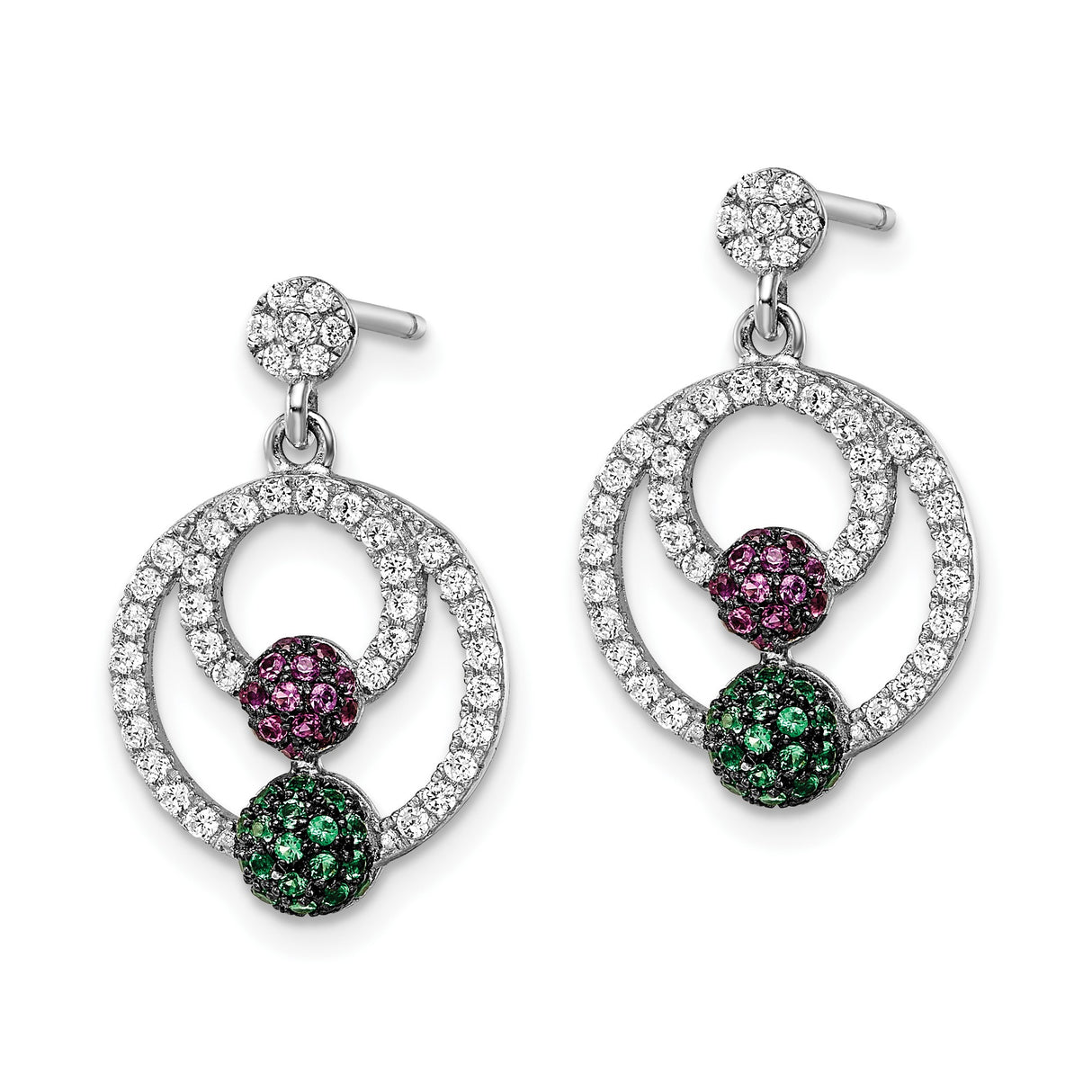 Sterling Silver Dangle Earrings with Cubic Zirconia, Pink and Green Crystal Pavé Circles