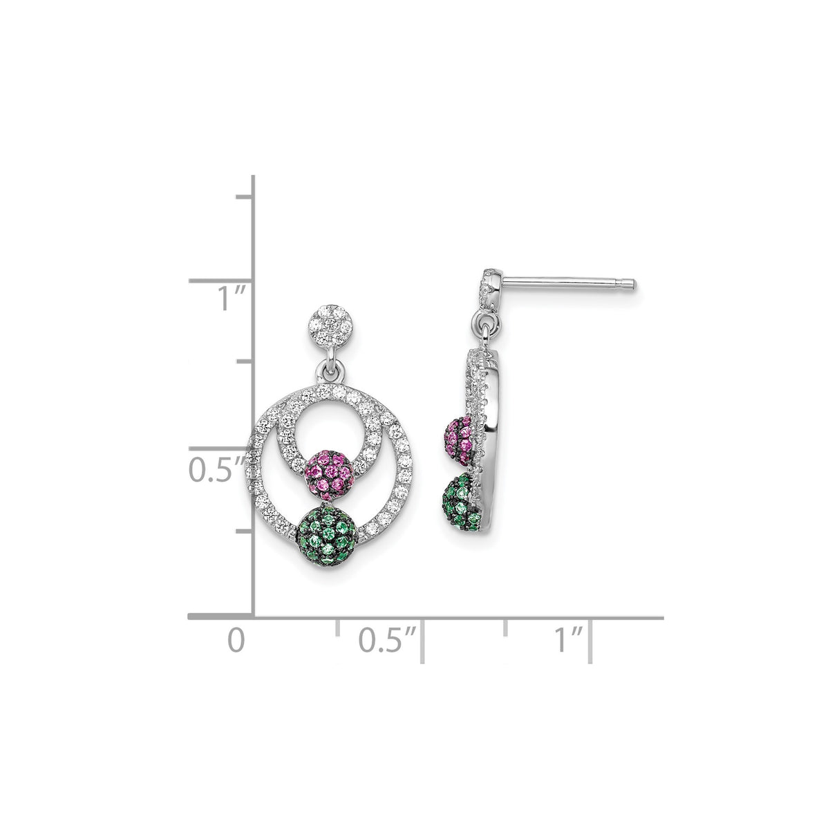 Sterling Silver Dangle Earrings with Cubic Zirconia, Pink and Green Crystal Pavé Circles