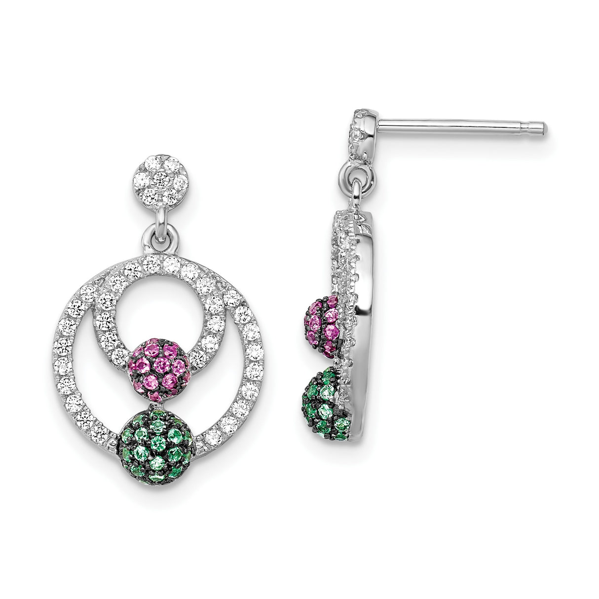 Sterling Silver Dangle Earrings with Cubic Zirconia, Pink and Green Crystal Pavé Circles