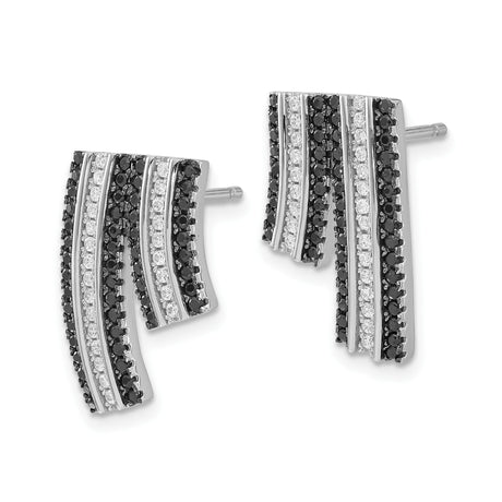 Sterling Silver Wave Earrings with Black and White Cubic Zirconia, Modern Post Style