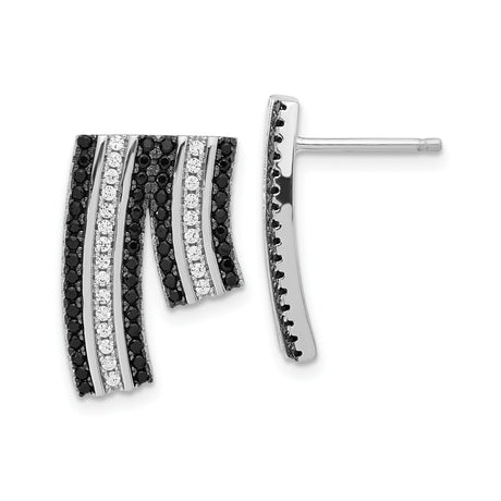 Sterling Silver Wave Earrings with Black and White Cubic Zirconia, Modern Post Style