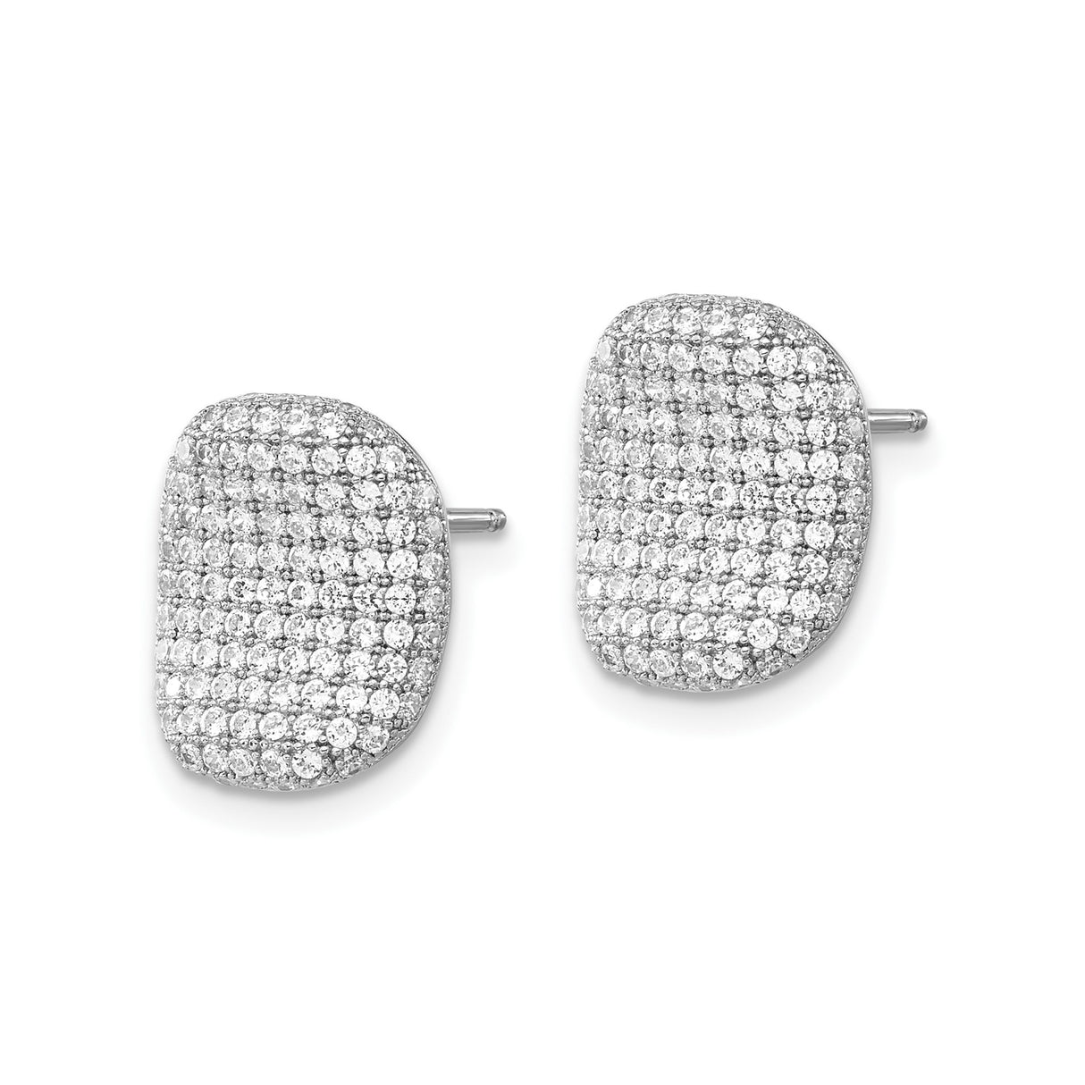 Sterling Silver Cushion Stud Earrings with Cubic Zirconia, Pavé Rows, Modern Polished Design