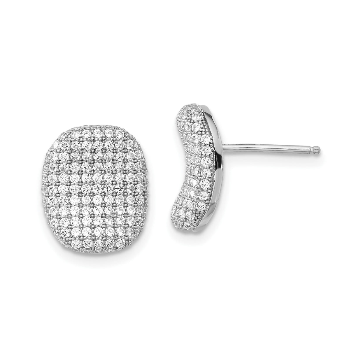 Sterling Silver Cushion Stud Earrings with Cubic Zirconia, Pavé Rows, Modern Polished Design