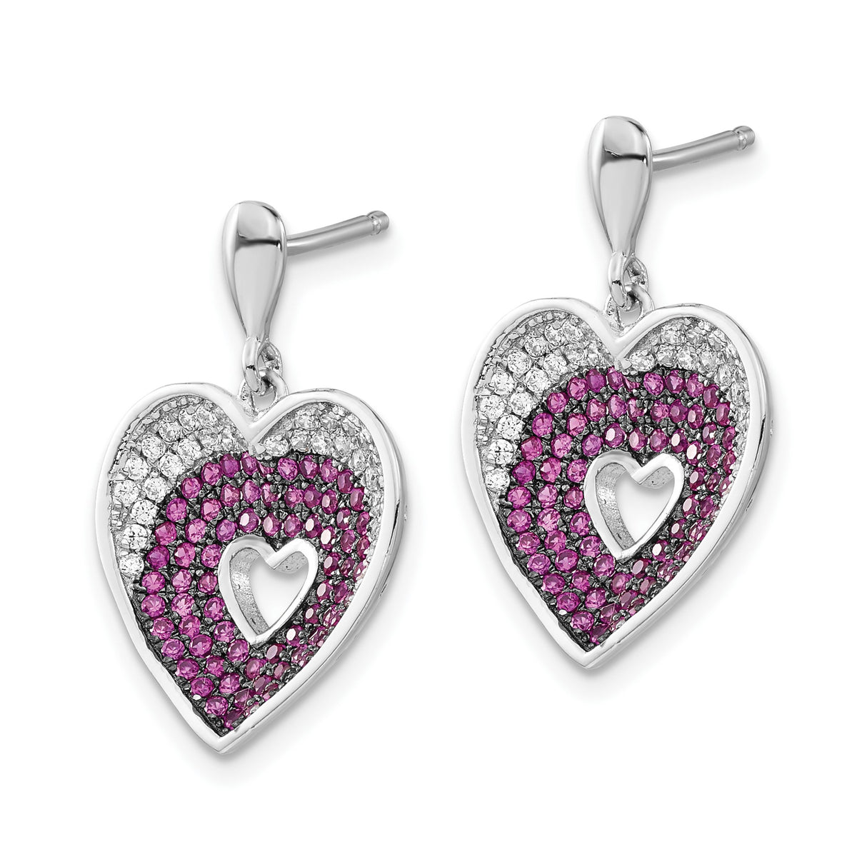 Sterling Silver Heart Shaped Dangle Earrings with Pink and White Cubic Zirconia