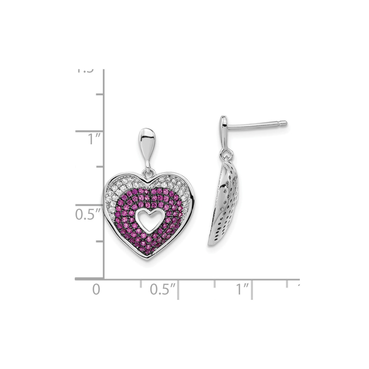 Sterling Silver Heart Shaped Dangle Earrings with Pink and White Cubic Zirconia