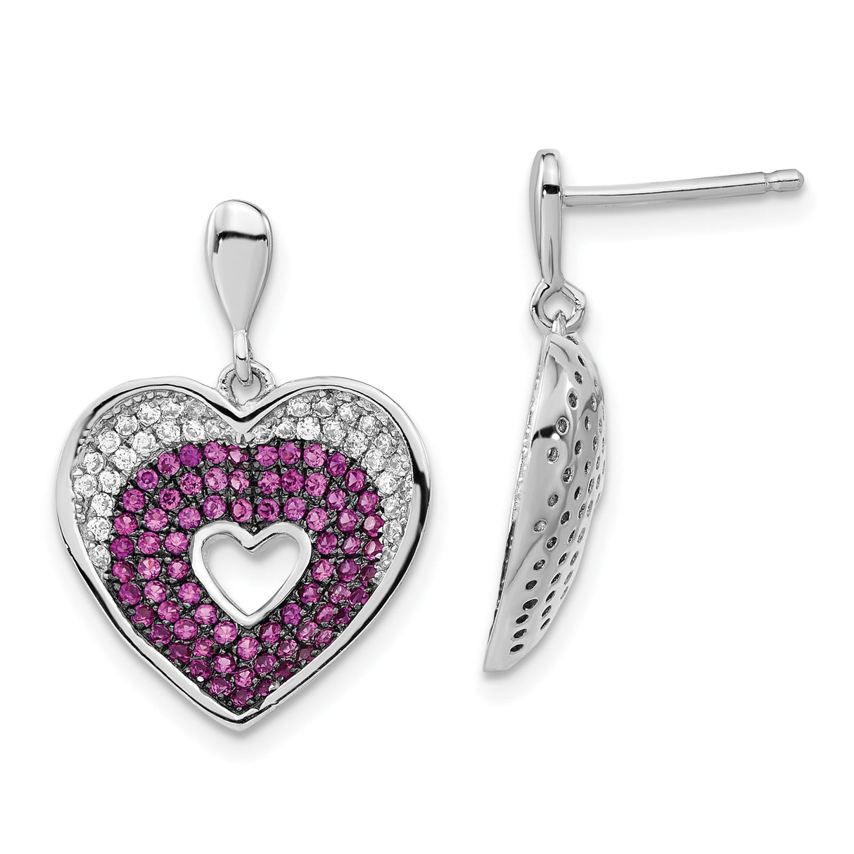 Sterling Silver Heart Shaped Dangle Earrings with Pink and White Cubic Zirconia