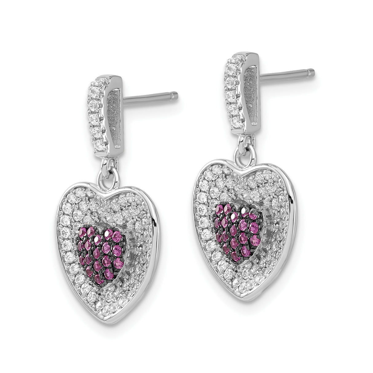 Sterling Silver Heart Dangle Earrings with Pink and Clear Cubic Zirconia