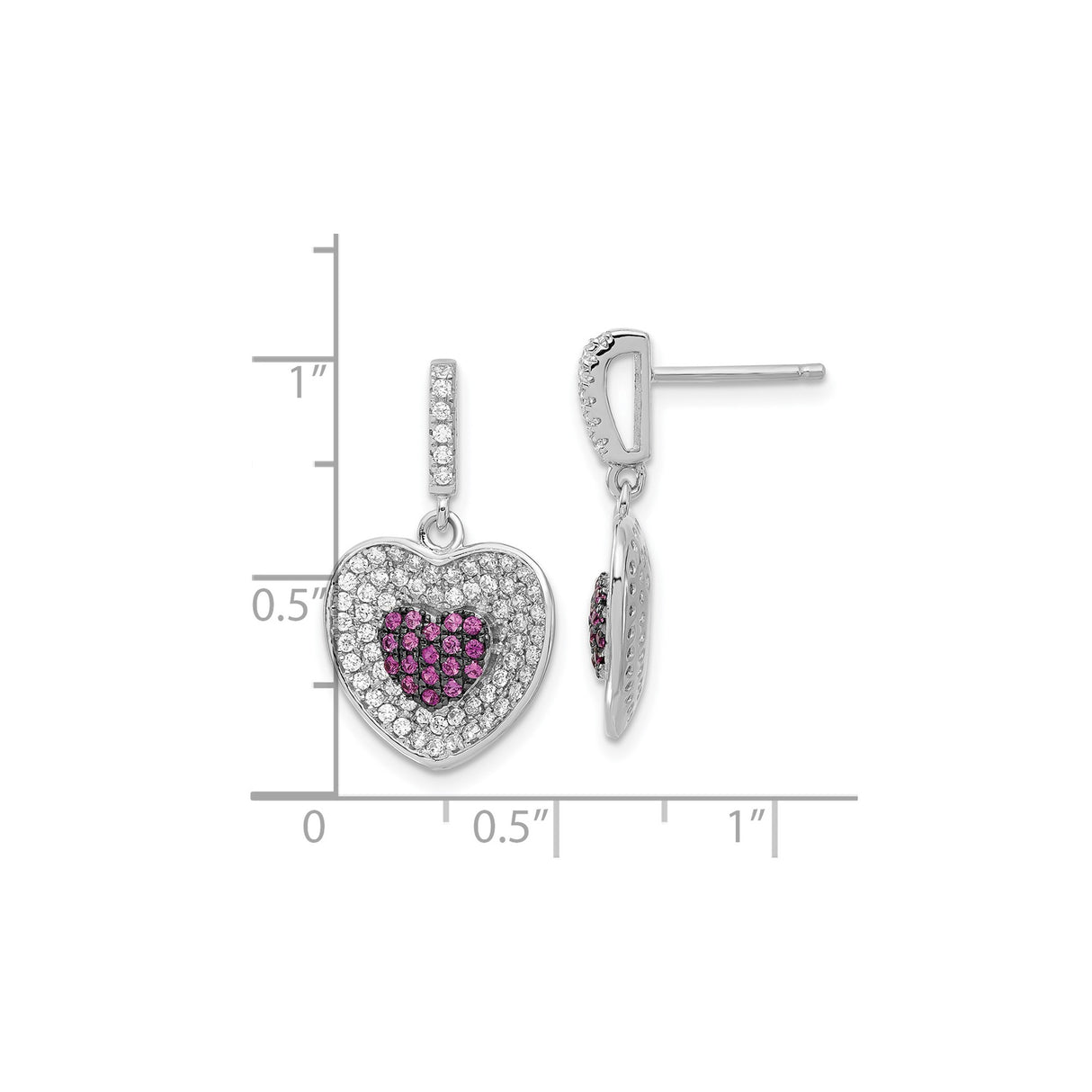 Sterling Silver Heart Dangle Earrings with Pink and Clear Cubic Zirconia