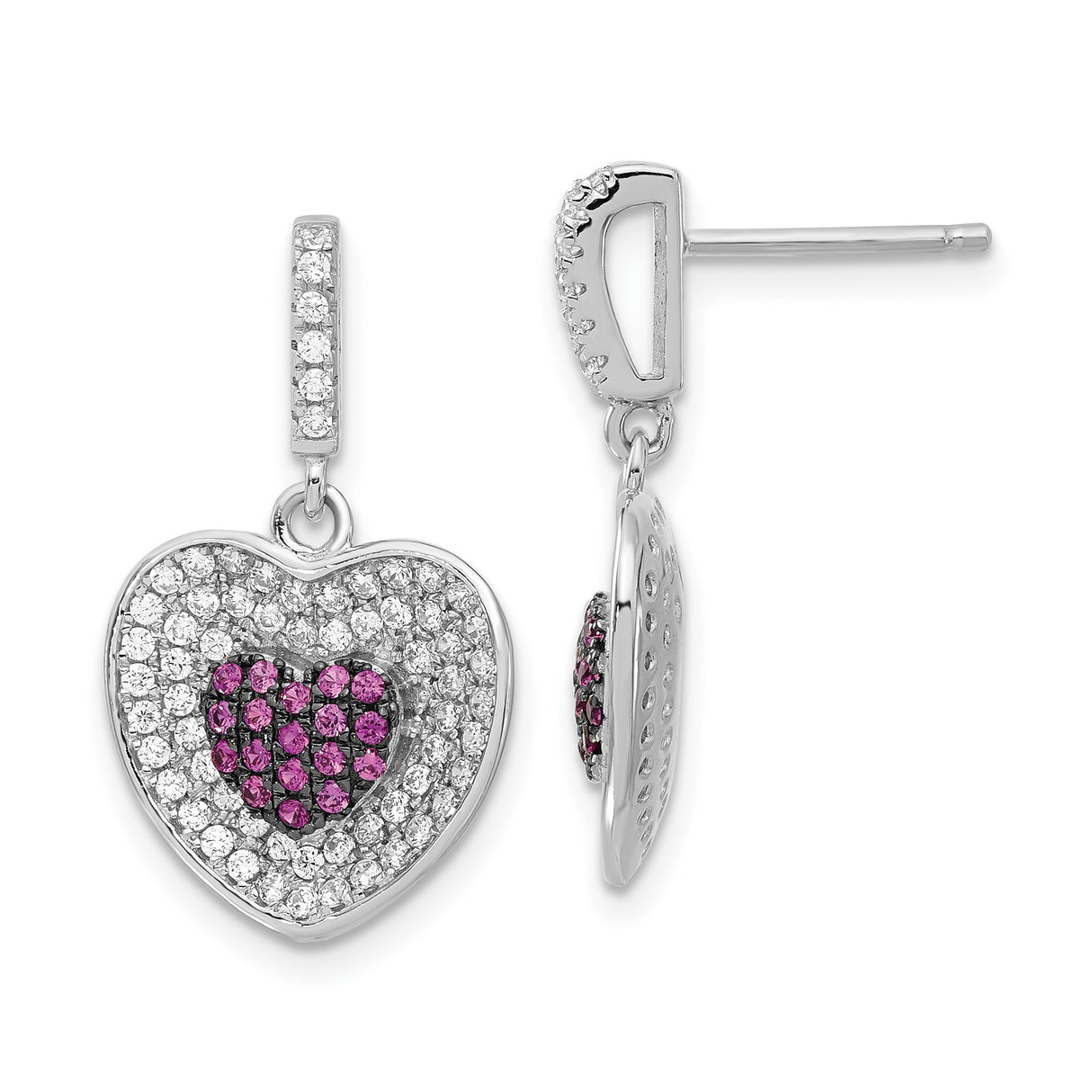 Sterling Silver Heart Dangle Earrings with Pink and Clear Cubic Zirconia