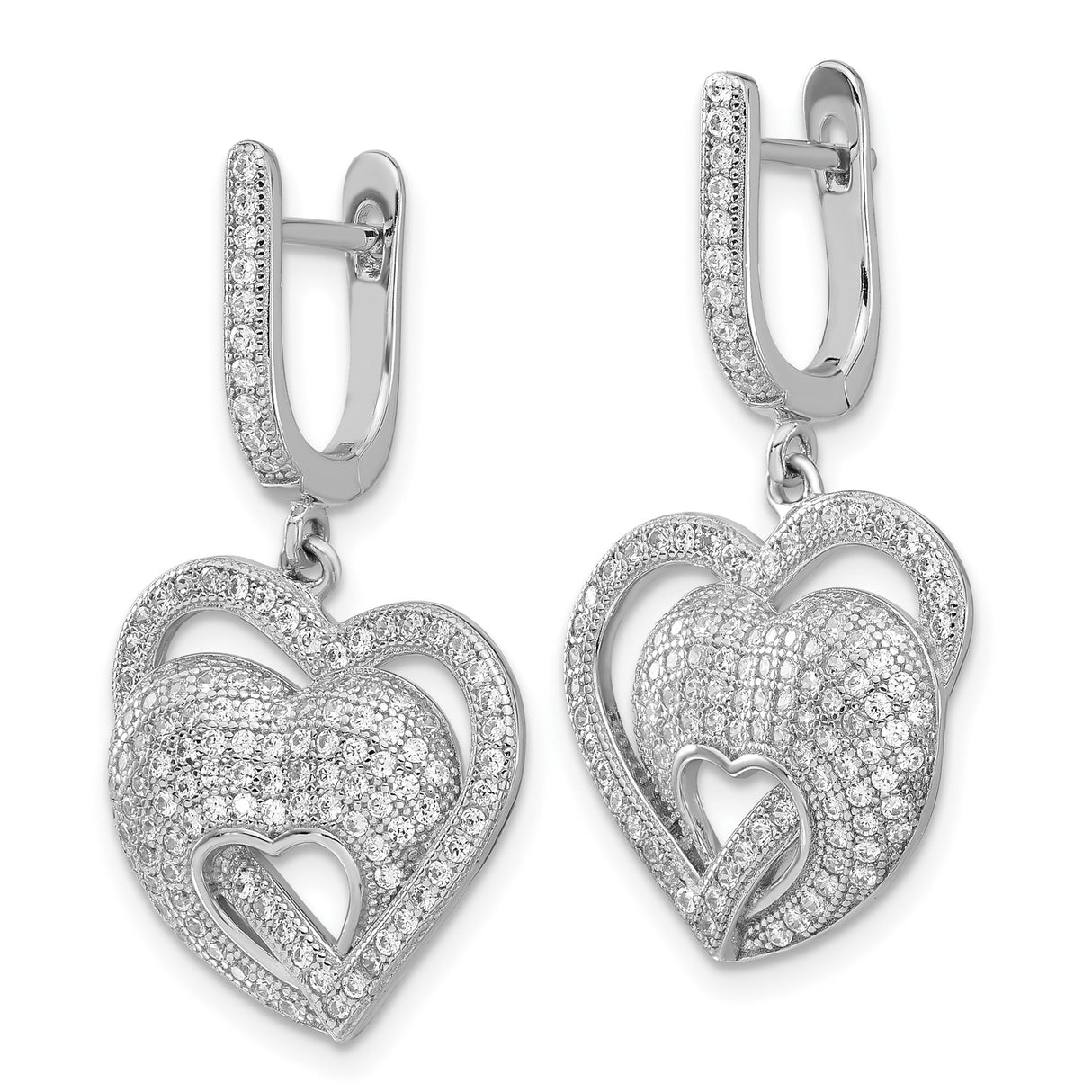 Sterling Silver Dangle Earrings with Cubic Zirconia, Intertwined Double Heart Design