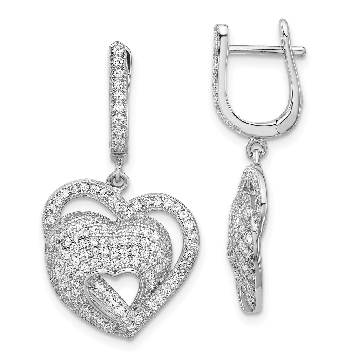 Sterling Silver Dangle Earrings with Cubic Zirconia, Intertwined Double Heart Design