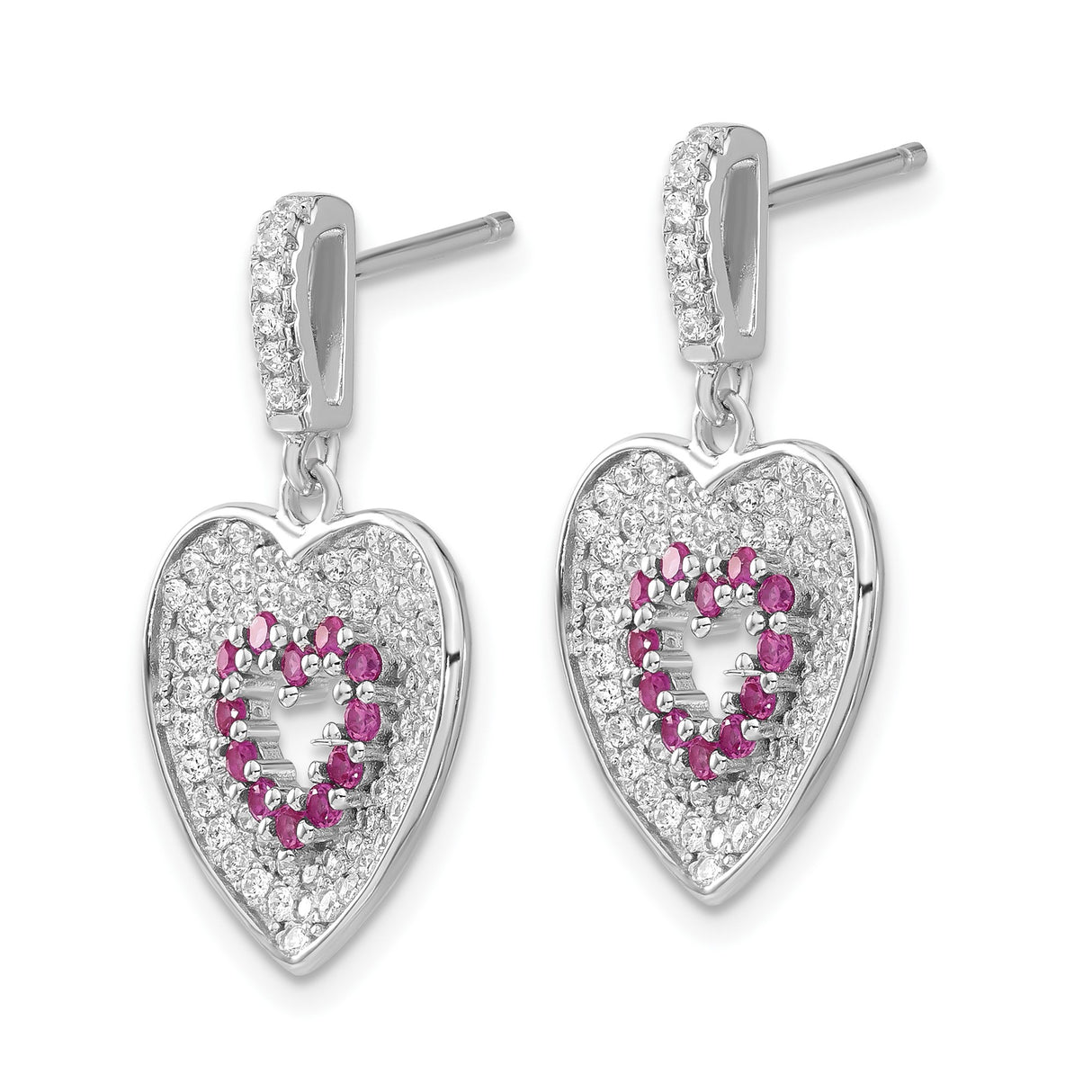 Sterling Silver Dangle Earrings with Pink Cubic Zirconia, Heart Shaped Double Heart Design for Women