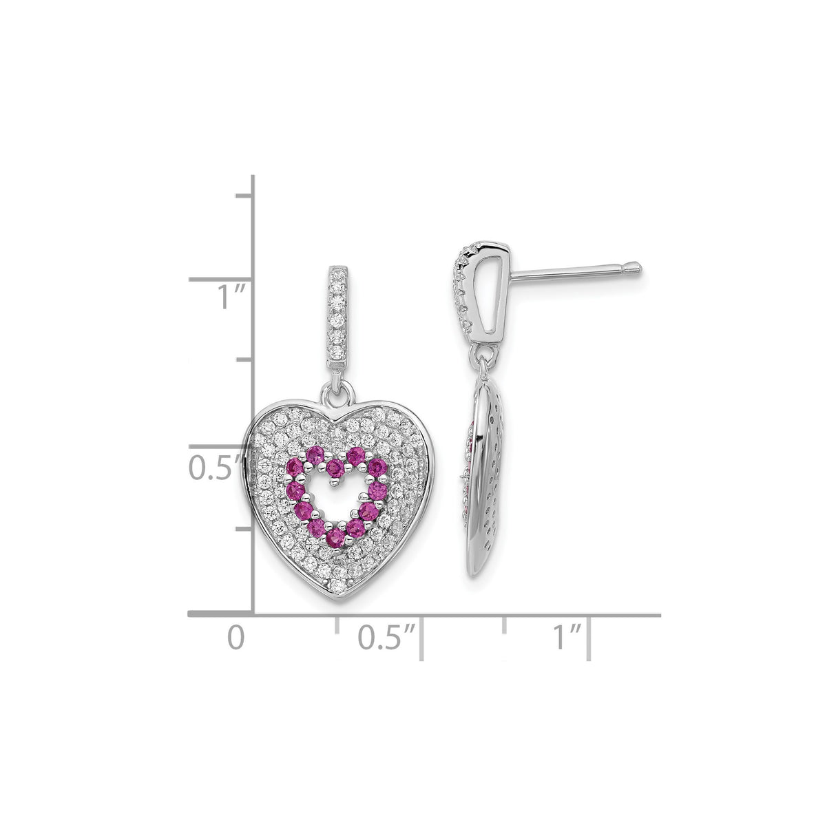 Sterling Silver Dangle Earrings with Pink Cubic Zirconia, Heart Shaped Double Heart Design for Women