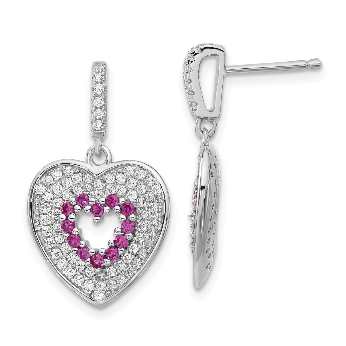 Sterling Silver Dangle Earrings with Pink Cubic Zirconia, Heart Shaped Double Heart Design for Women