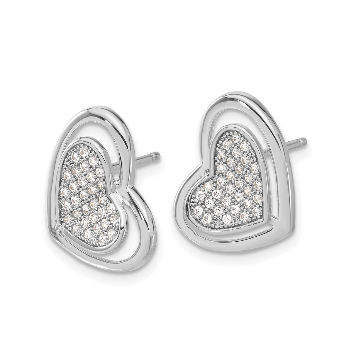 Sterling Silver Heart Stud Earrings with Cubic Zirconia Pavé Center, Dainty Romantic Style