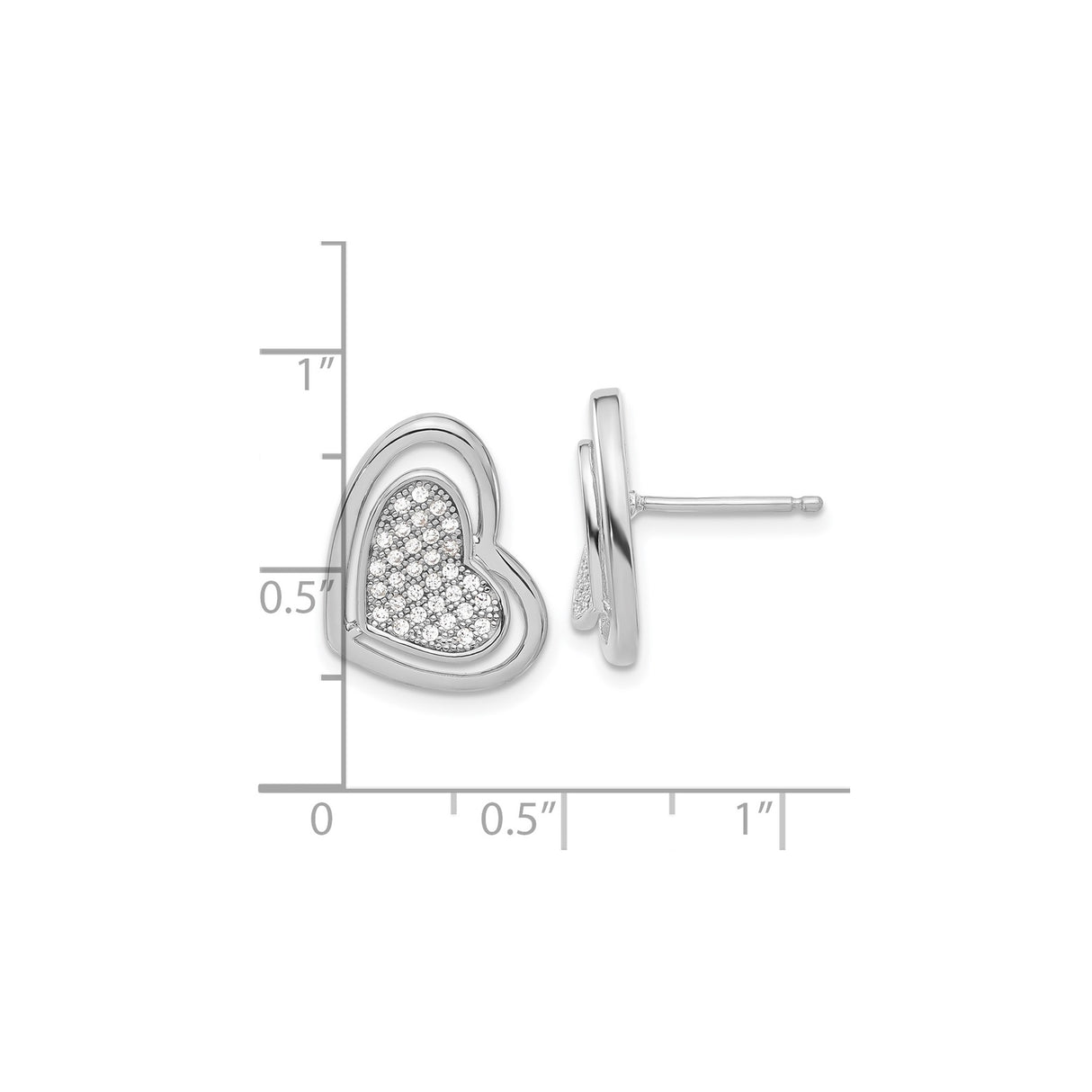 Sterling Silver Heart Stud Earrings with Cubic Zirconia Pavé Center, Dainty Romantic Style