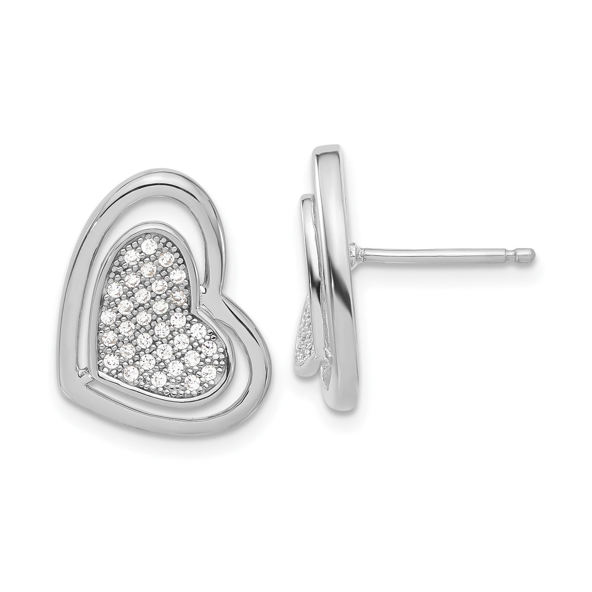 Sterling Silver Heart Stud Earrings with Cubic Zirconia Pavé Center, Dainty Romantic Style