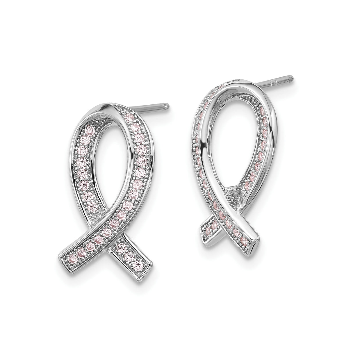 Sterling Silver Pink Ribbon Stud Earrings with Pink Cubic Zirconia, Cancer Awareness Jewelry