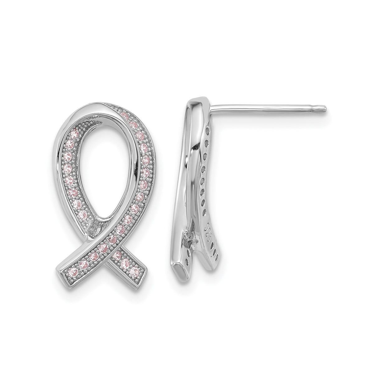 Sterling Silver Pink Ribbon Stud Earrings with Pink Cubic Zirconia, Cancer Awareness Jewelry