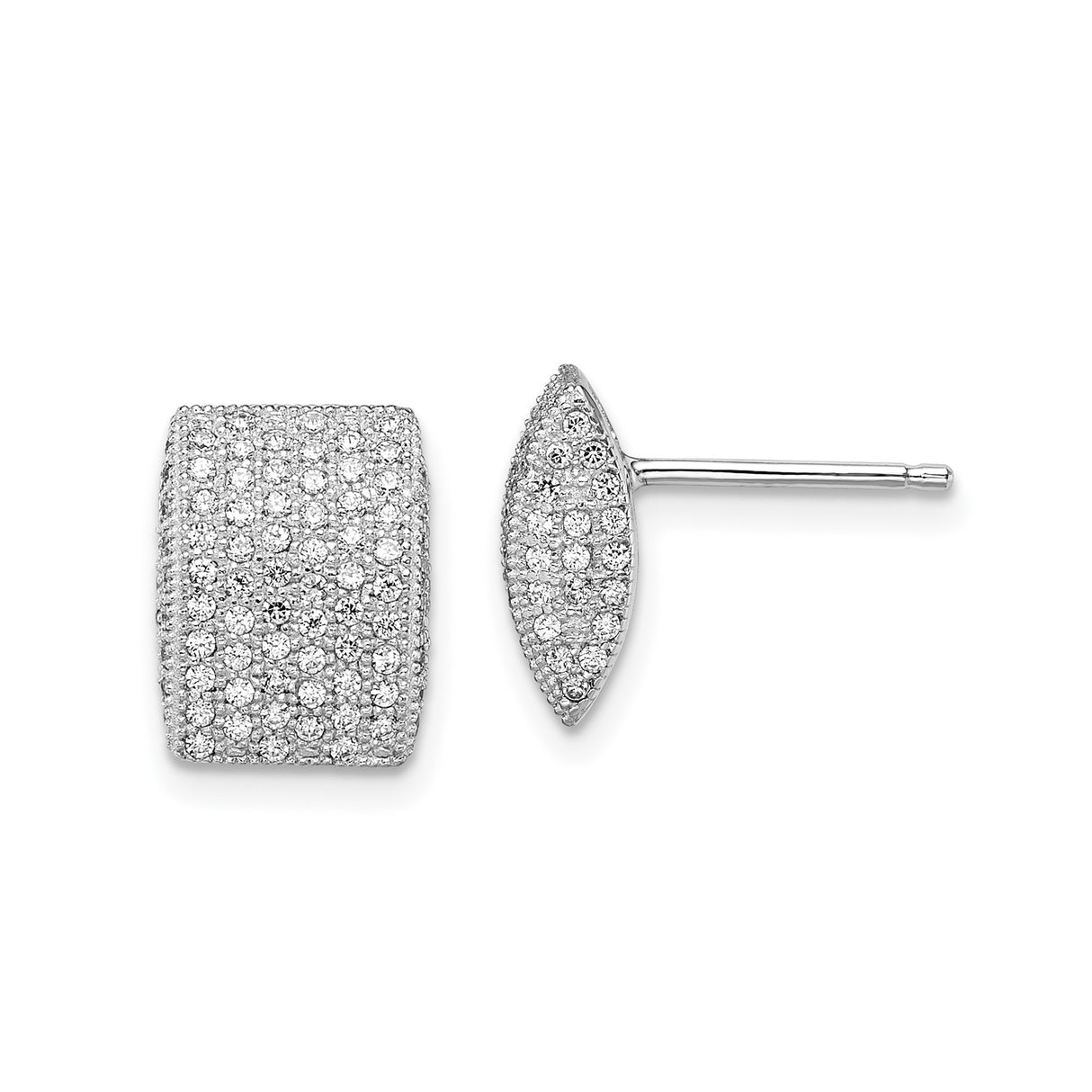 Sterling Silver Stud Earrings with Cubic Zirconia, Curved Multi-Row Rectangle Design