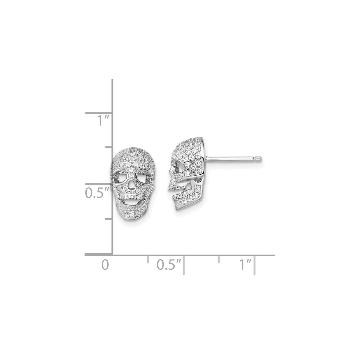 Sterling Silver Skull Stud Earrings with Cubic Zirconia, Gothic Punk Rock Style