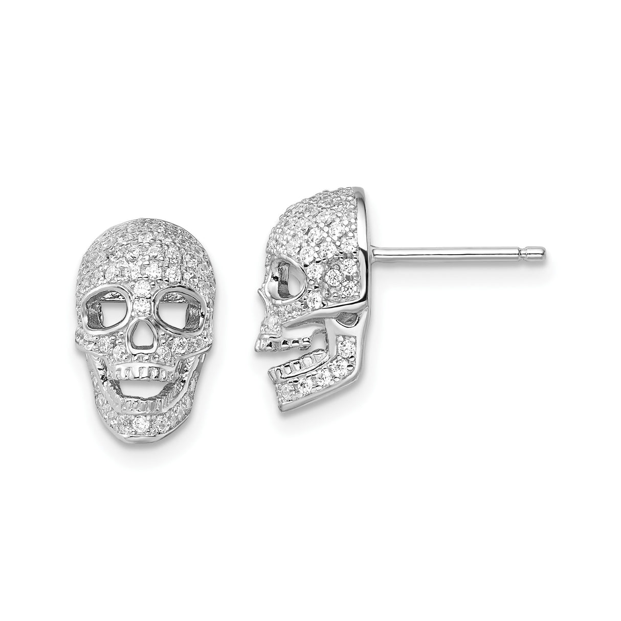 Sterling Silver Skull Stud Earrings with Cubic Zirconia, Gothic Punk Rock Style