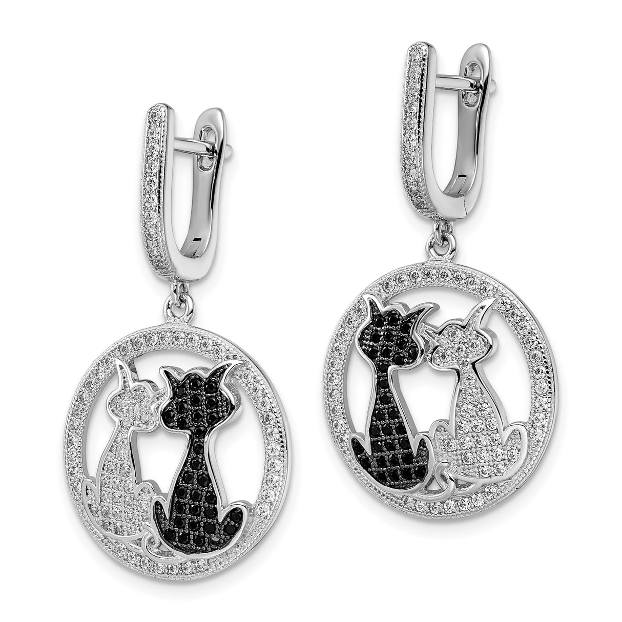 Sterling Silver Cat Drop Earrings with Cubic Zirconia, Intertwined Black and White Cat Design