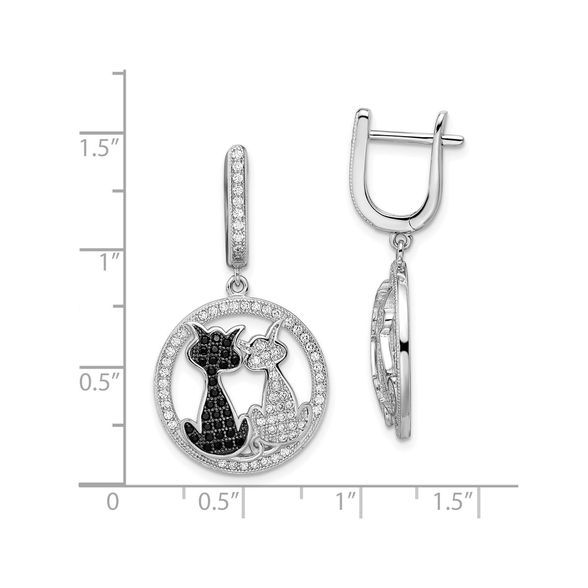 Sterling Silver Cat Drop Earrings with Cubic Zirconia, Intertwined Black and White Cat Design