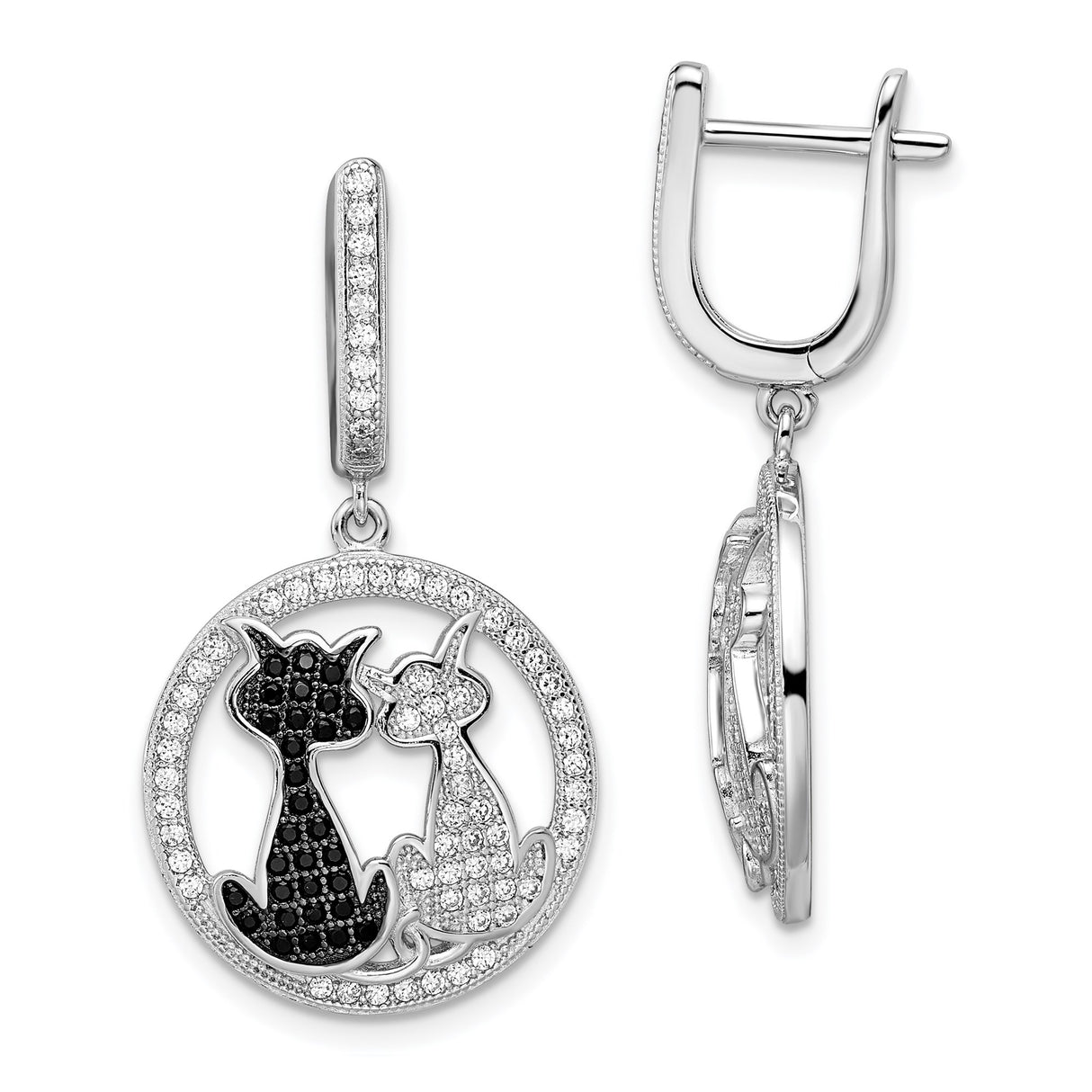 Sterling Silver Cat Drop Earrings with Cubic Zirconia, Intertwined Black and White Cat Design