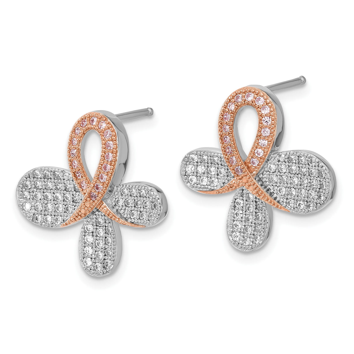 Sterling Silver Stud Earrings with Clear and Pink Cubic Zirconia, Ribbon and Petal Design