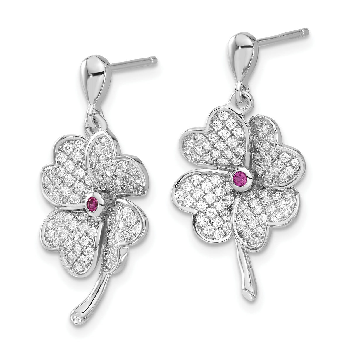 Sterling Silver Drop Earrings with Pink Corundum and Cubic Zirconia, Four Leaf Clover Design