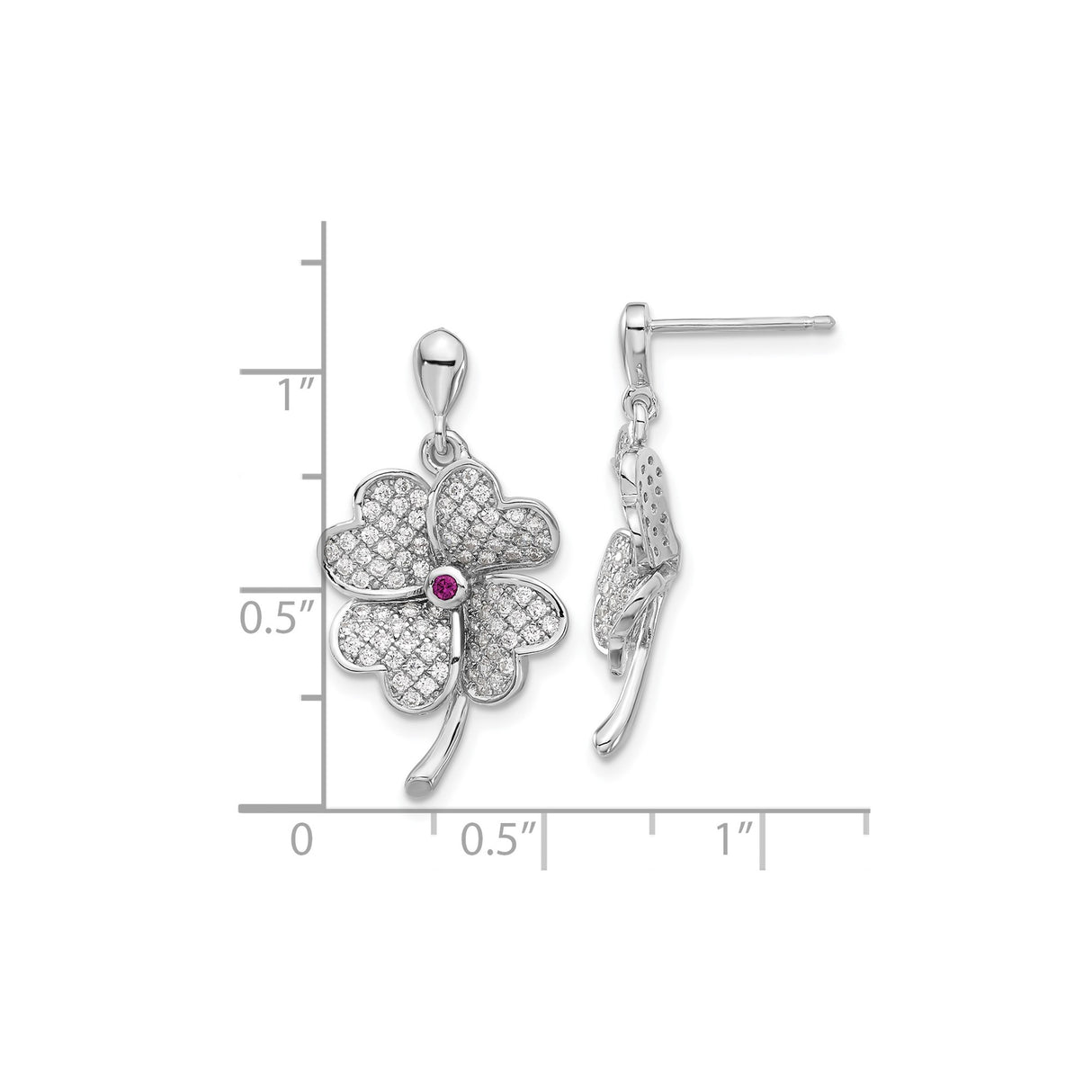 Sterling Silver Drop Earrings with Pink Corundum and Cubic Zirconia, Four Leaf Clover Design