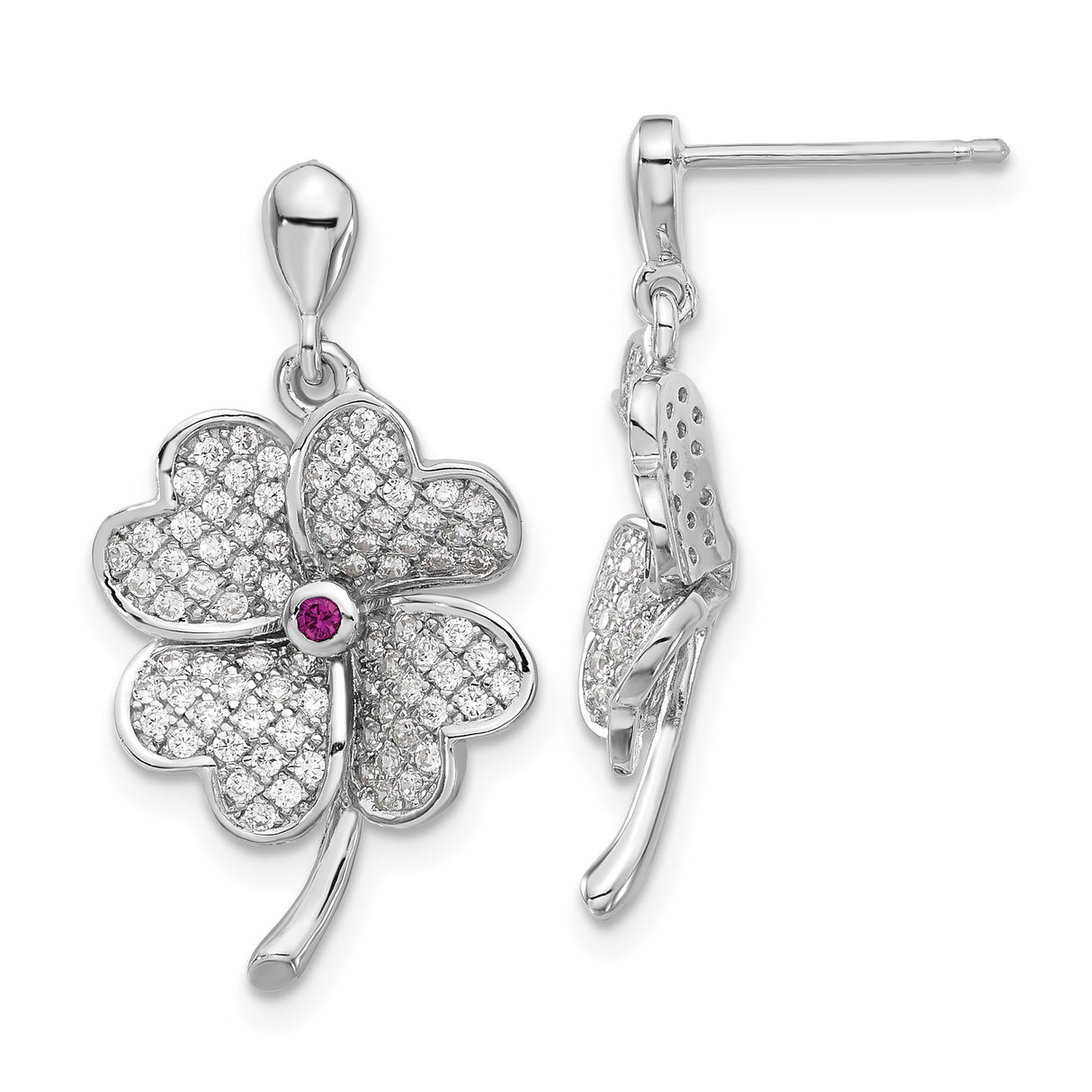 Sterling Silver Drop Earrings with Pink Corundum and Cubic Zirconia, Four Leaf Clover Design